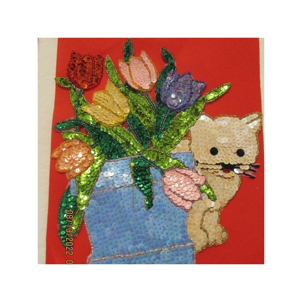 Vintage Kitten kitty Cat with Tulips Sequence Applique sewing sequence beads